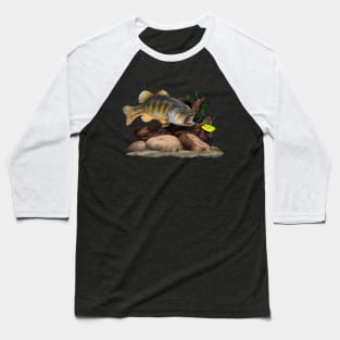 Largemouth Bass Chasing Fishing Lure Under Water Baseball T-Shirt